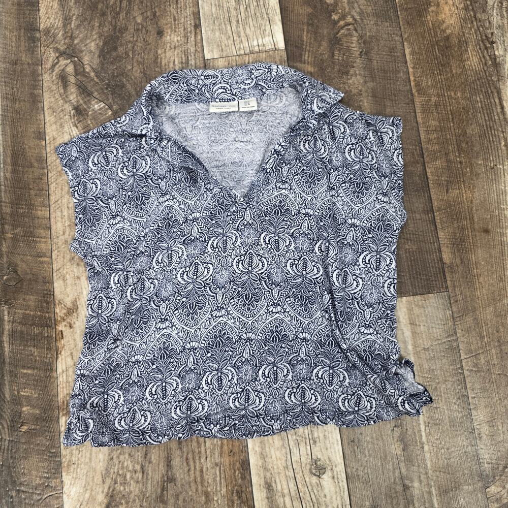 Rachel Zoe 100% Linen Navy White Printed Popover Blouse Short Sleeve Medium